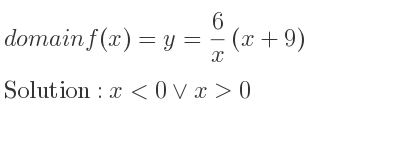 The domain of f(x)=y= 6/x (x+9) is x<0\lor x>0
